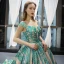 Luxury / Gorgeous Champagne Jade Green Prom Dresses 2023 Ball Gown Off-The-Shoulder Short Sleeve Appliques Sequins Court Train Ruffle Backless Formal Dresses