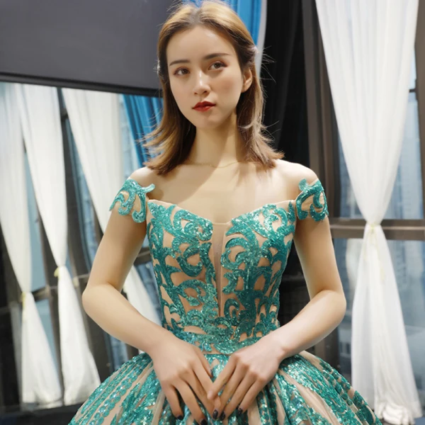Luxury / Gorgeous Champagne Jade Green Prom Dresses 2023 Ball Gown Off-The-Shoulder Short Sleeve Appliques Sequins Court Train Ruffle Backless Formal Dresses