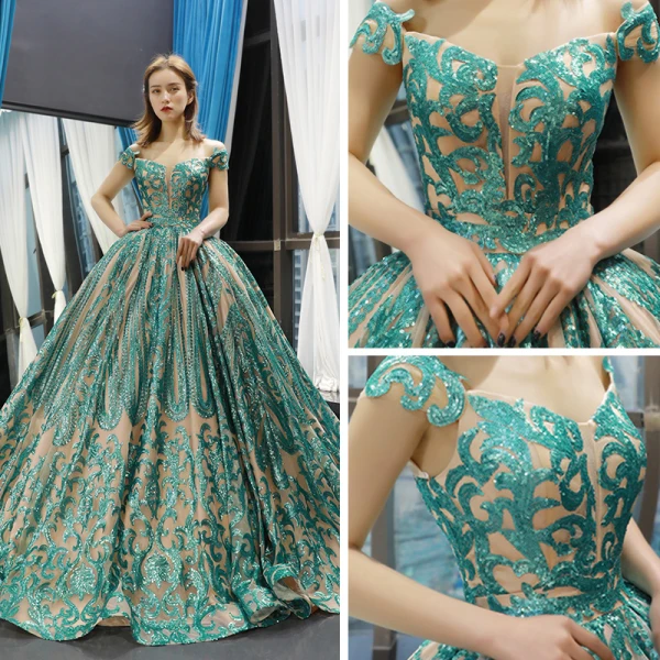 Luxury / Gorgeous Champagne Jade Green Prom Dresses 2023 Ball Gown Off-The-Shoulder Short Sleeve Appliques Sequins Court Train Ruffle Backless Formal Dresses