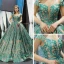 Luxury / Gorgeous Champagne Jade Green Prom Dresses 2023 Ball Gown Off-The-Shoulder Short Sleeve Appliques Sequins Court Train Ruffle Backless Formal Dresses