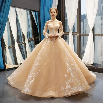 High End Champagne Bridal Wedding Dresses 2023 Ball Gown Off The Shoulder Long Sleeve Backless Flower Appliques Lace Court Train Ruffle