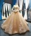 High-end Champagne Bridal Wedding Dresses 2023 Ball Gown Off-The-Shoulder Long Sleeve Backless Flower Appliques Lace Court Train Ruffle