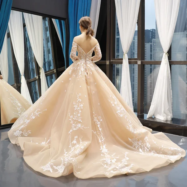 High-end Champagne Bridal Wedding Dresses 2023 Ball Gown Off-The-Shoulder Long Sleeve Backless Flower Appliques Lace Court Train Ruffle