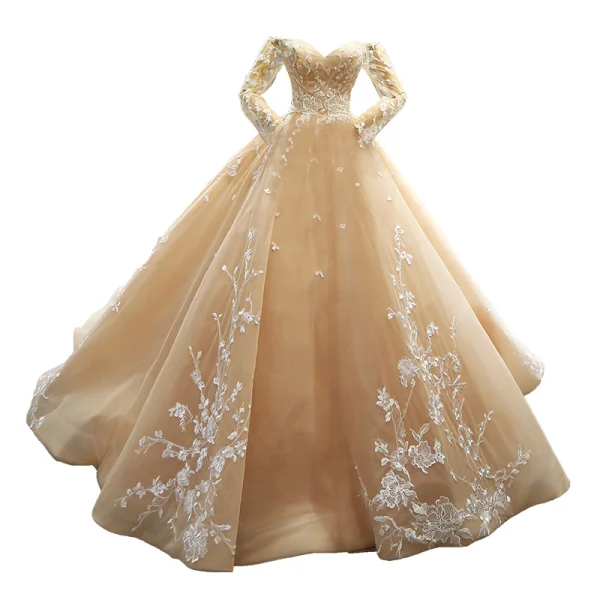 High-end Champagne Bridal Wedding Dresses 2023 Ball Gown Off-The-Shoulder Long Sleeve Backless Flower Appliques Lace Court Train Ruffle