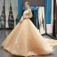 High-end Champagne Bridal Wedding Dresses 2023 Ball Gown Off-The-Shoulder Long Sleeve Backless Flower Appliques Lace Court Train Ruffle