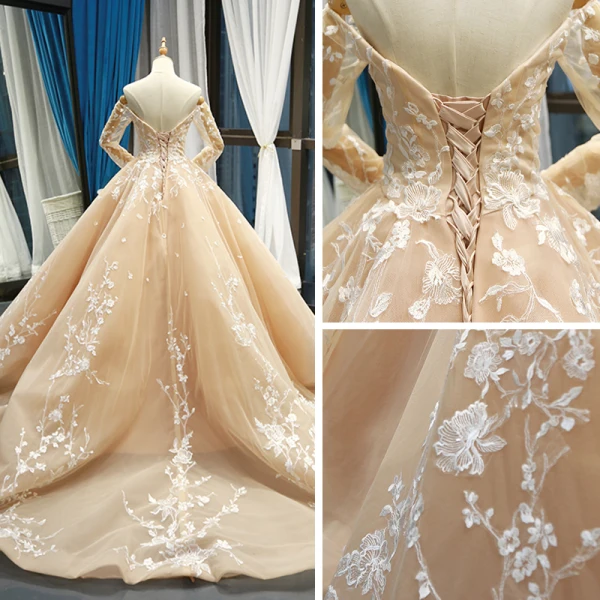 High-end Champagne Bridal Wedding Dresses 2023 Ball Gown Off-The-Shoulder Long Sleeve Backless Flower Appliques Lace Court Train Ruffle