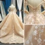High-end Champagne Bridal Wedding Dresses 2023 Ball Gown Off-The-Shoulder Long Sleeve Backless Flower Appliques Lace Court Train Ruffle