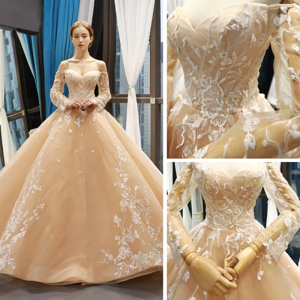 High-end Champagne Bridal Wedding Dresses 2023 Ball Gown Off-The-Shoulder Long Sleeve Backless Flower Appliques Lace Court Train Ruffle
