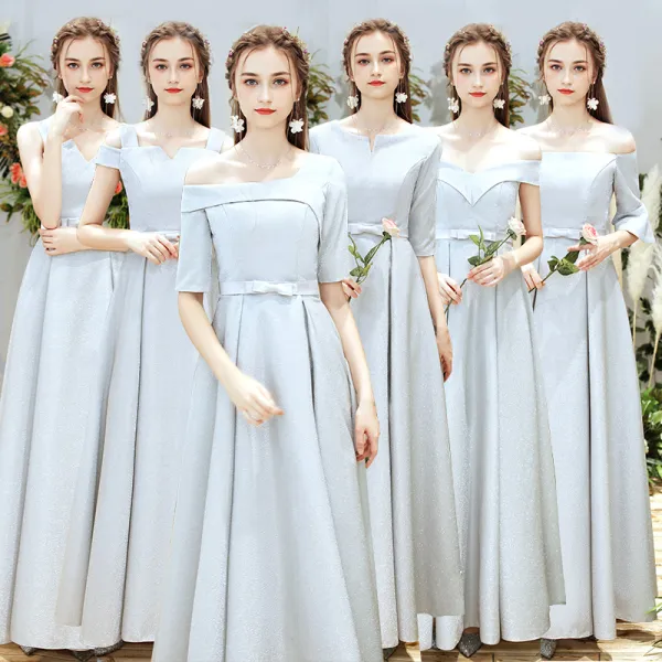 Chic / Beautiful Silver Bridesmaid Dresses 2019 A-Line / Princess Bow Sash Floor-Length / Long Ruffle Backless Wedding Party Dresses