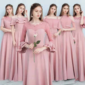 Affordable Candy Pink Bridesmaid Dresses 2019 A Line Princess Sash Appliques Flower Floor Length Long Ruffle Backless Wedding Party Dresses