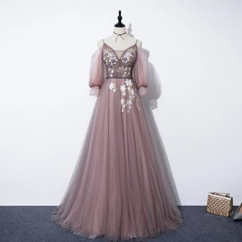 Fairytale Pearl Pink Evening Dresses 2020 A Line Princess V Neck Detachable Puffy 3 4 Sleeve Appliques Flower Beading Sash Sweep Train Ruffle Backless Formal Dresses