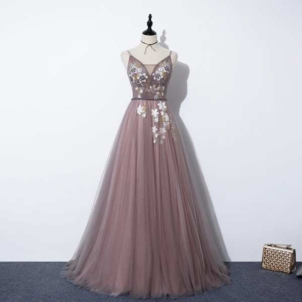 Märchen Pearl Rosa Abendkleider 2020 A Linie V-Ausschnitt Abnehmbar Geschwollenes 3/4 Ärmel Applikationen Blumen Perlenstickerei Stoffgürtel Sweep / Pinsel Zug Rüschen Rückenfreies Festliche Kleider