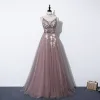 Fairytale Pearl Pink Evening Dresses  2020 A-Line / Princess V-Neck Detachable Puffy 3/4 Sleeve Appliques Flower Beading Sash Sweep Train Ruffle Backless Formal Dresses
