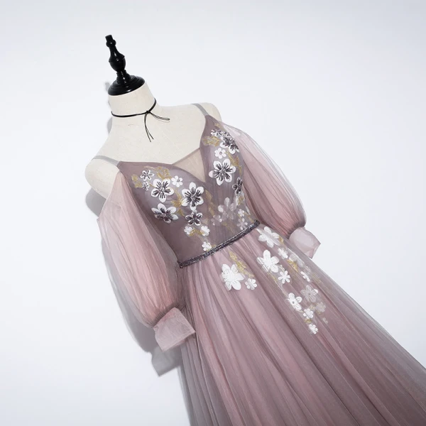 Märchen Pearl Rosa Abendkleider 2020 A Linie V-Ausschnitt Abnehmbar Geschwollenes 3/4 Ärmel Applikationen Blumen Perlenstickerei Stoffgürtel Sweep / Pinsel Zug Rüschen Rückenfreies Festliche Kleider