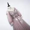 Fairytale Pearl Pink Evening Dresses  2020 A-Line / Princess V-Neck Detachable Puffy 3/4 Sleeve Appliques Flower Beading Sash Sweep Train Ruffle Backless Formal Dresses