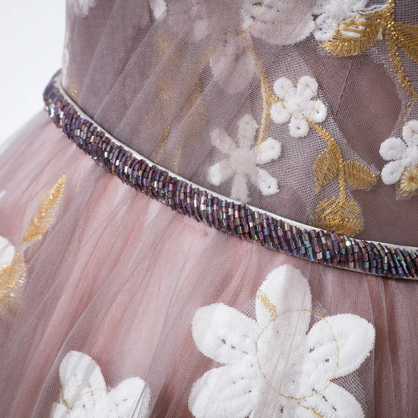 Märchen Pearl Rosa Abendkleider 2020 A Linie V-Ausschnitt Abnehmbar Geschwollenes 3/4 Ärmel Applikationen Blumen Perlenstickerei Stoffgürtel Sweep / Pinsel Zug Rüschen Rückenfreies Festliche Kleider
