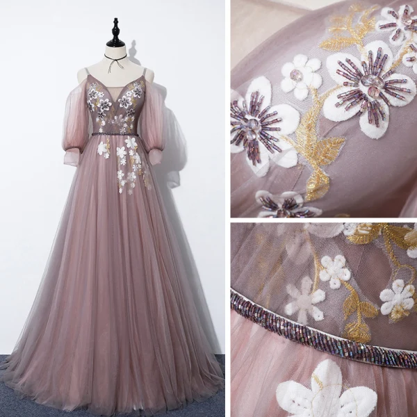 Märchen Pearl Rosa Abendkleider 2020 A Linie V-Ausschnitt Abnehmbar Geschwollenes 3/4 Ärmel Applikationen Blumen Perlenstickerei Stoffgürtel Sweep / Pinsel Zug Rüschen Rückenfreies Festliche Kleider