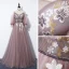 Märchen Pearl Rosa Abendkleider 2020 A Linie V-Ausschnitt Abnehmbar Geschwollenes 3/4 Ärmel Applikationen Blumen Perlenstickerei Stoffgürtel Sweep / Pinsel Zug Rüschen Rückenfreies Festliche Kleider