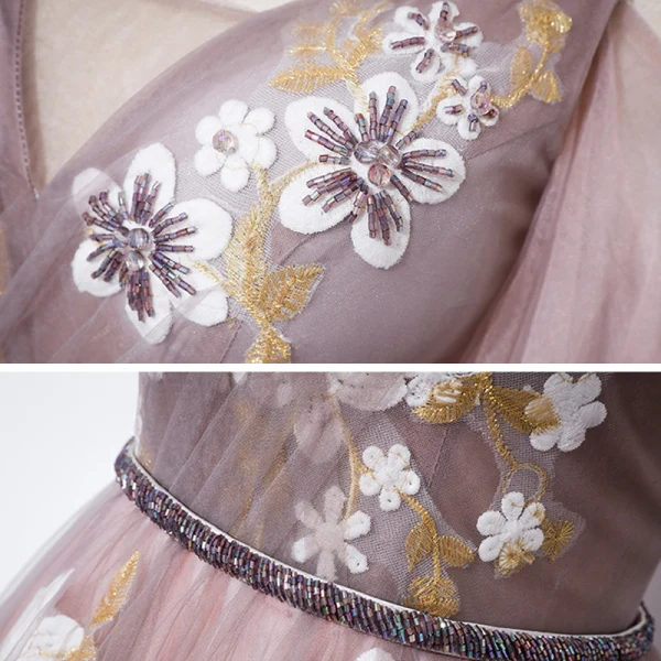 Märchen Pearl Rosa Abendkleider 2020 A Linie V-Ausschnitt Abnehmbar Geschwollenes 3/4 Ärmel Applikationen Blumen Perlenstickerei Stoffgürtel Sweep / Pinsel Zug Rüschen Rückenfreies Festliche Kleider