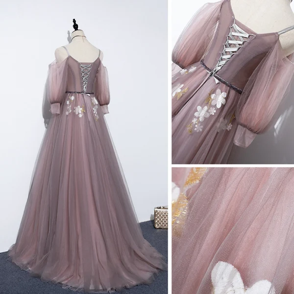 Märchen Pearl Rosa Abendkleider 2020 A Linie V-Ausschnitt Abnehmbar Geschwollenes 3/4 Ärmel Applikationen Blumen Perlenstickerei Stoffgürtel Sweep / Pinsel Zug Rüschen Rückenfreies Festliche Kleider