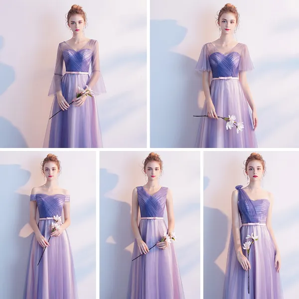 Chic / Beautiful Affordable Lavender Bridesmaid Dresses 2019 A-Line / Princess Bow Sash Floor-Length / Long Ruffle Backless Wedding Party Dresses