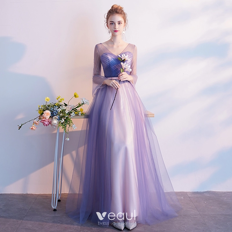 chinese dress ladies Long A-Line V-Neck Evening Dress Wide Straps Chiffon Lilac Bridesmaid Dress main image 0