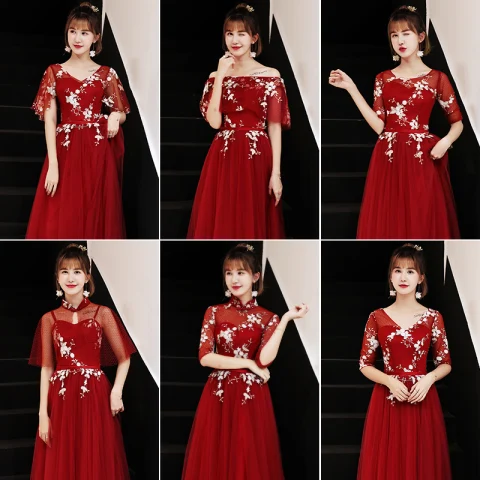Affordable Red Bridesmaid Dresses 2019 A-Line / Princess Sash Appliques Lace Floor-Length / Long Ruffle Wedding Party Dresses