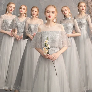 Chic Beautiful Grey Bridesmaid Dresses 2019 A Line Princess Appliques Lace Bow Sash Floor Length Long Backless Wedding Party Dresses