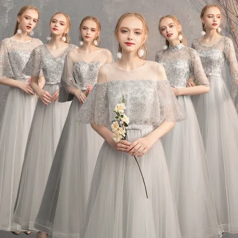 Chic Beautiful Grey Bridesmaid Dresses 2019 A Line Princess Appliques Lace Bow Sash Floor Length Long Backless Wedding Party Dresses