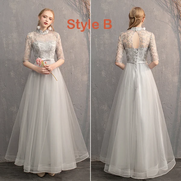 Chic / Beautiful Grey Bridesmaid Dresses 2019 A-Line / Princess Appliques Lace Bow Sash Floor-Length / Long Backless Wedding Party Dresses