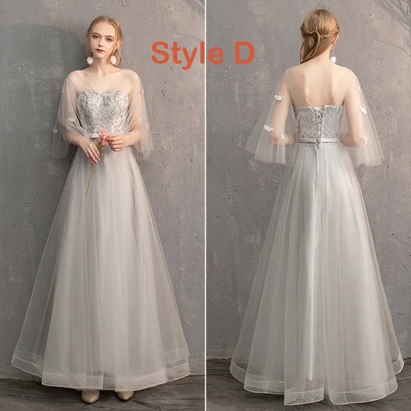 Long formal grey lace elegant a line seen through back floor-length Bridesmaid Dresses, WG02