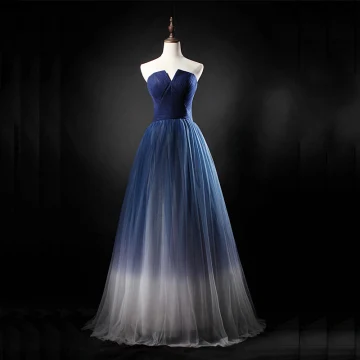 Elegant Navy Blue Gradient Color Ivory Prom Dresses 2018 A Line Princess Strapless Sleeveless Floor Length Long Ruffle Backless Formal Dresses