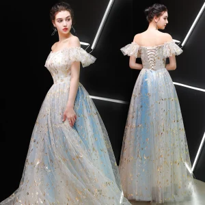 Meilleur Champagne Robe De Bal 2019 Princesse De L 039 Épaule Sans Manches Glitter Tulle Longue Volants Dos Nu Robe De Ceremonie