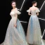 Best Champagne Prom Dresses 2019 A-Line / Princess Off-The-Shoulder Sleeveless Glitter Tulle Floor-Length / Long Ruffle Backless Formal Dresses
