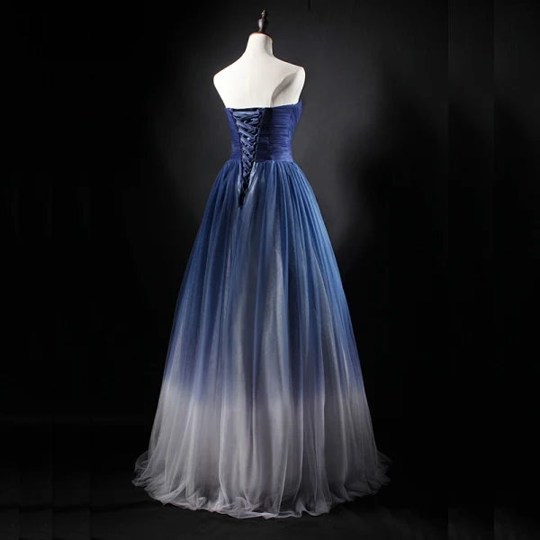 navy blue and white formal dresses Blue Short Sleeve A-Line Floor Length Prom Dress, Blue Evening Dress US 16 / Picture Color main image 1