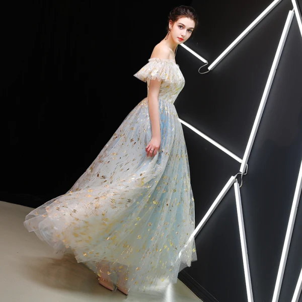 Best Champagne Prom Dresses 2019 A-Line / Princess Off-The-Shoulder Sleeveless Glitter Tulle Floor-Length / Long Ruffle Backless Formal Dresses