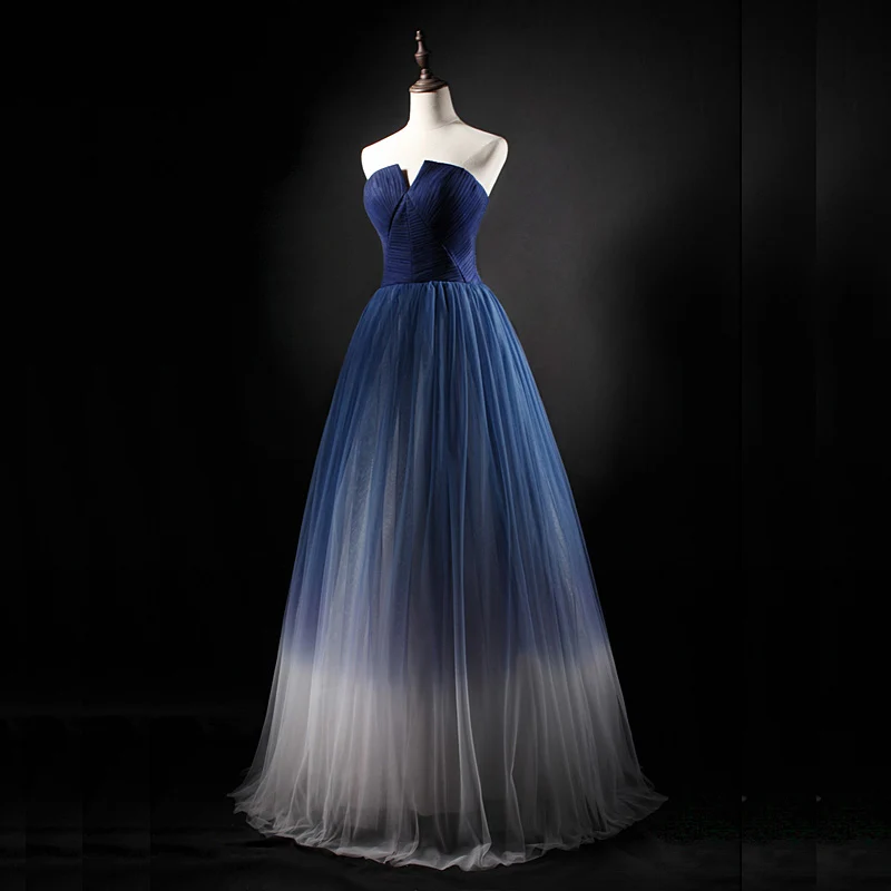 Elegant Navy Blue Gradient-Color Ivory Prom Dresses 2018 A-Line Princess Strapless Long
