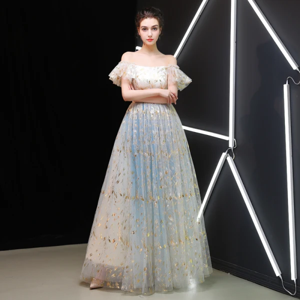 Best Champagne Prom Dresses 2019 A-Line / Princess Off-The-Shoulder Sleeveless Glitter Tulle Floor-Length / Long Ruffle Backless Formal Dresses