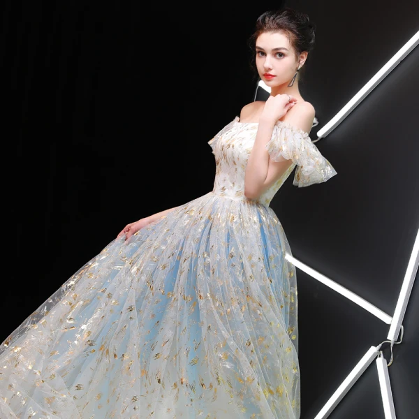 Best Champagne Prom Dresses 2019 A-Line / Princess Off-The-Shoulder Sleeveless Glitter Tulle Floor-Length / Long Ruffle Backless Formal Dresses