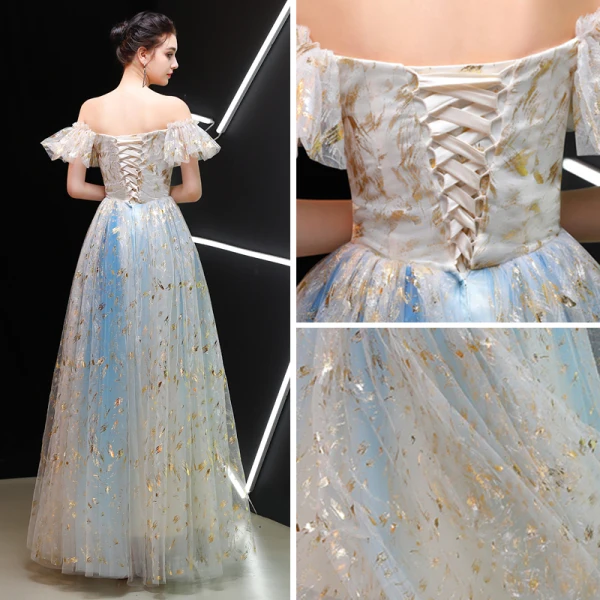 Best Champagne Prom Dresses 2019 A-Line / Princess Off-The-Shoulder Sleeveless Glitter Tulle Floor-Length / Long Ruffle Backless Formal Dresses