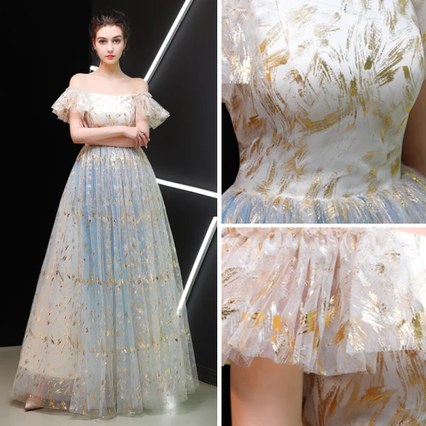 Best Champagne Prom Dresses 2019 A-Line / Princess Off-The-Shoulder Sleeveless Glitter Tulle Floor-Length / Long Ruffle Backless Formal Dresses