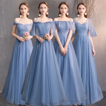 Affordable Sky Blue Bridesmaid Dresses 2019 A Line Princess Spotted Tulle Floor Length Long Ruffle Backless Wedding Party Dresses