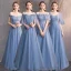 Affordable Sky Blue Bridesmaid Dresses 2019 A-Line / Princess Spotted Tulle Floor-Length / Long Ruffle Backless Wedding Party Dresses