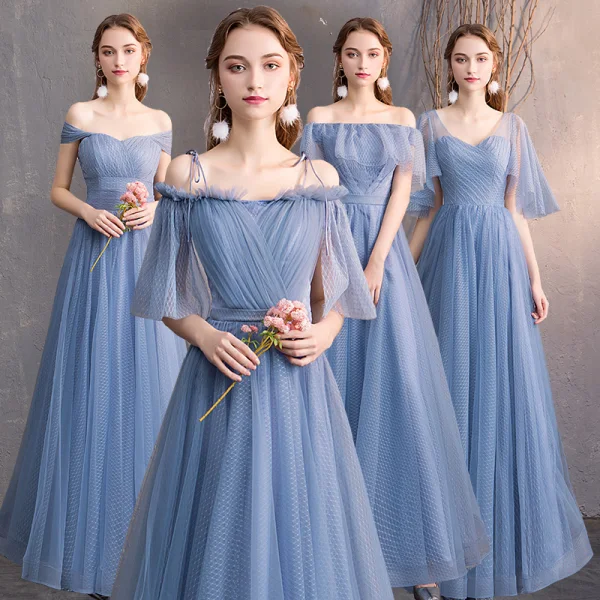 Affordable Sky Blue Bridesmaid Dresses 2019 A-Line / Princess Spotted Tulle Floor-Length / Long Ruffle Backless Wedding Party Dresses