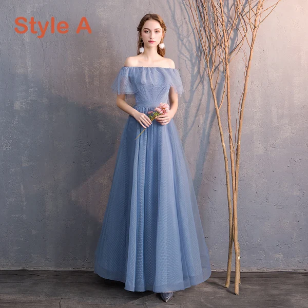 Affordable Sky Blue Bridesmaid Dresses 2019 A-Line / Princess Spotted Tulle Floor-Length / Long Ruffle Backless Wedding Party Dresses