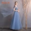 Affordable Sky Blue Bridesmaid Dresses 2019 A-Line / Princess Spotted Tulle Floor-Length / Long Ruffle Backless Wedding Party Dresses