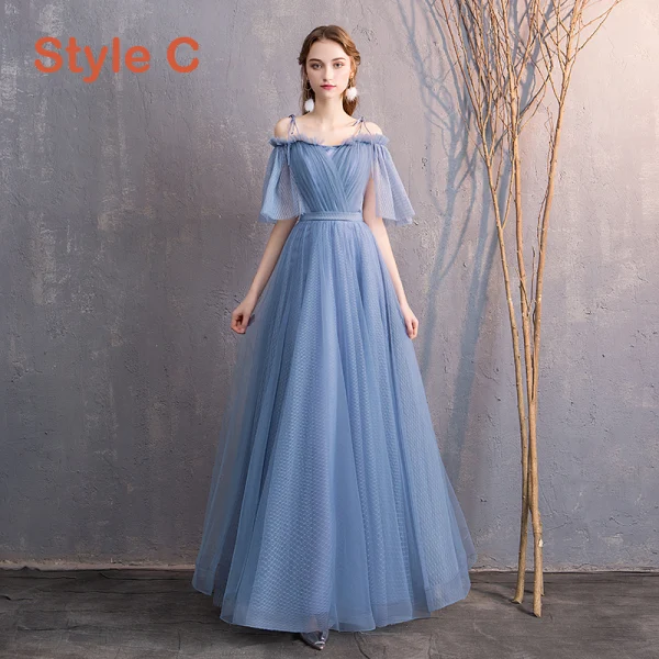 Affordable Sky Blue Bridesmaid Dresses 2019 A-Line / Princess Spotted Tulle Floor-Length / Long Ruffle Backless Wedding Party Dresses
