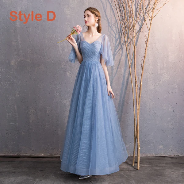 Affordable Sky Blue Bridesmaid Dresses 2019 A-Line / Princess Spotted Tulle Floor-Length / Long Ruffle Backless Wedding Party Dresses