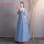 Affordable Sky Blue Bridesmaid Dresses 2019 A-Line / Princess Spotted Tulle Floor-Length / Long Ruffle Backless Wedding Party Dresses
