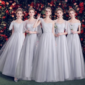 Chic Beautiful Grey Bridesmaid Dresses 2019 A Line Princess Spotted Tulle Bow Sash Floor Length Long Ruffle Backless Wedding Party Dresses